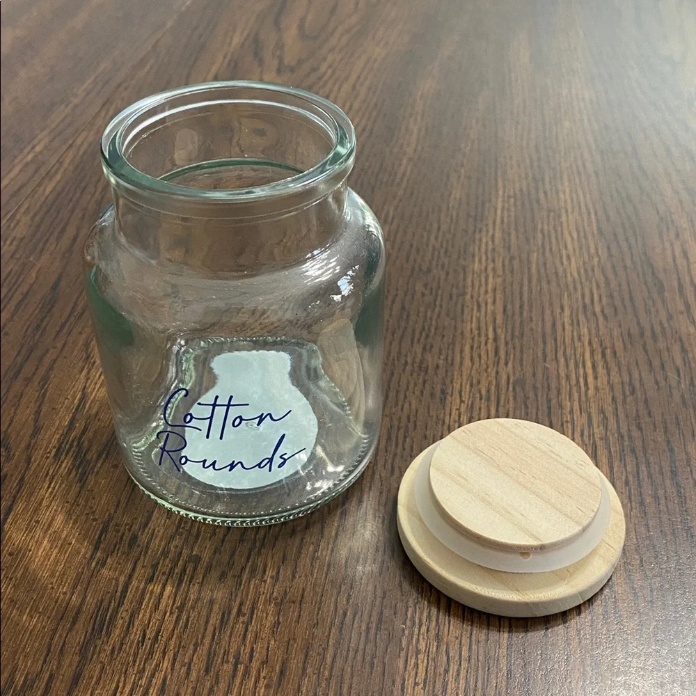 “5/$20” Cotton rounds glass storage jar with wooden lid